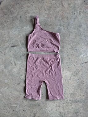 One-Shoulder Crop Top and Biker Shorts Set - Dusty Mauve